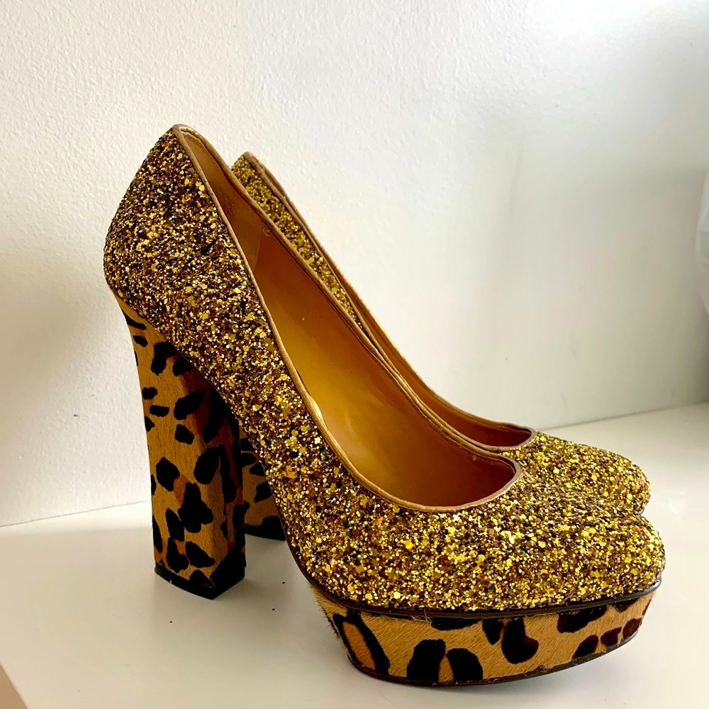 GOLD ANIMAL PRINT SHOES PUMPS  PLATFORM HEELS NINE WEST